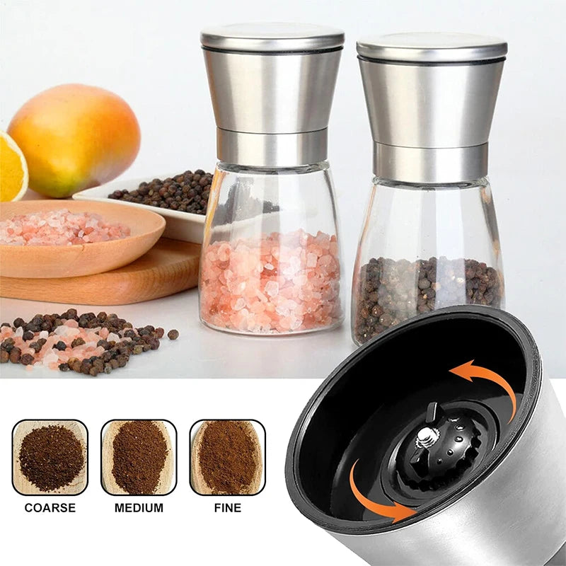 Salt and Pepper Grinder Set 2pcs Spice Mill with Adjustable Coarseness Refillable Glass Body with Ceramic Blades Manual Mills