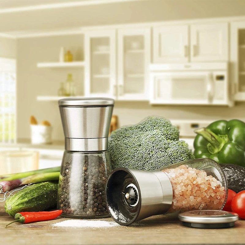 Salt and Pepper Grinder Set 2pcs Spice Mill with Adjustable Coarseness Refillable Glass Body with Ceramic Blades Manual Mills
