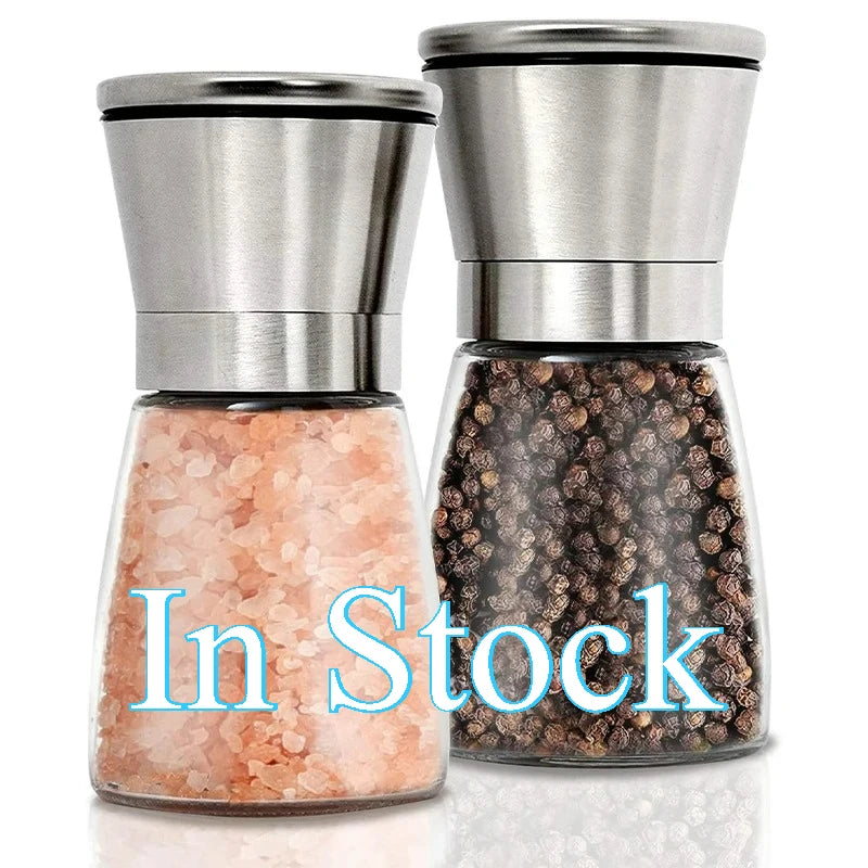 Salt and Pepper Grinder Set 2pcs Spice Mill with Adjustable Coarseness Refillable Glass Body with Ceramic Blades Manual Mills