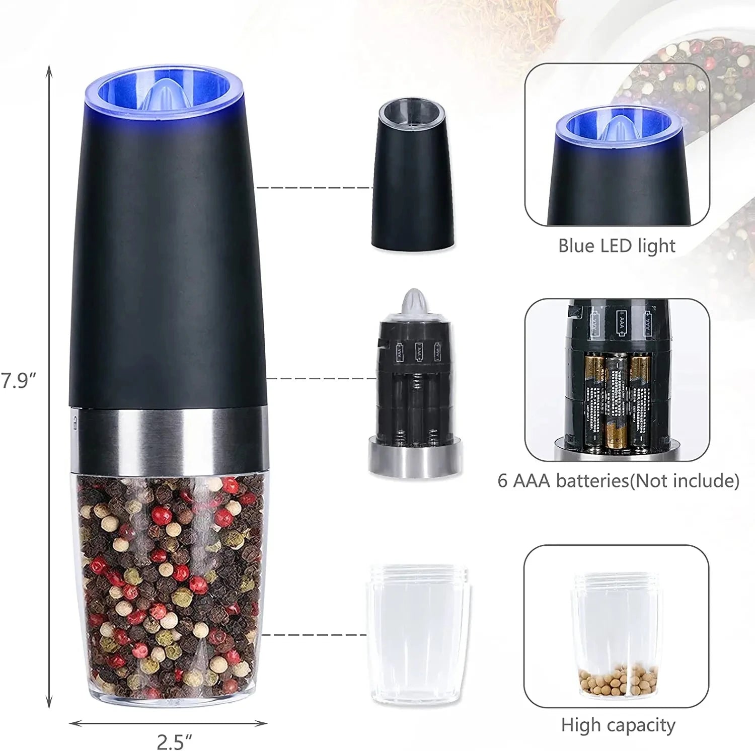 Electric Salt Pepper Mill Sets Stainless Steel Spice Pepper Grinder Kitchen Salt and Spice Adjustable Coarseness Pepper Grinder