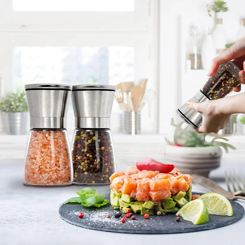Salt and Pepper Grinder Set 2pcs Spice Mill with Adjustable Coarseness Refillable Glass Body with Ceramic Blades Manual Mills
